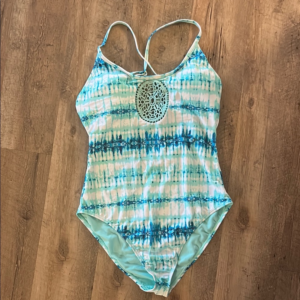 Blue and White One Piece Swimsuit with Racerback